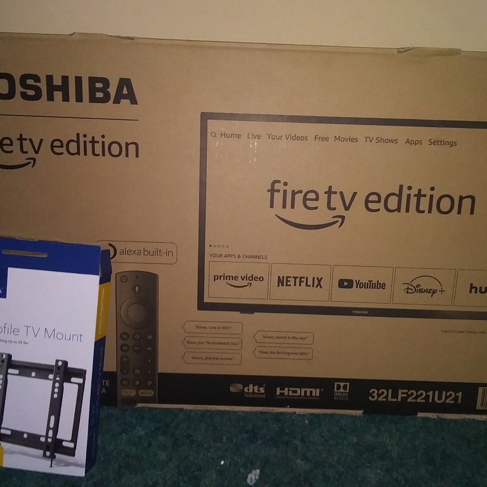 32in Toshiba Firestick TV. Also added cinema movie app/ wall mount with